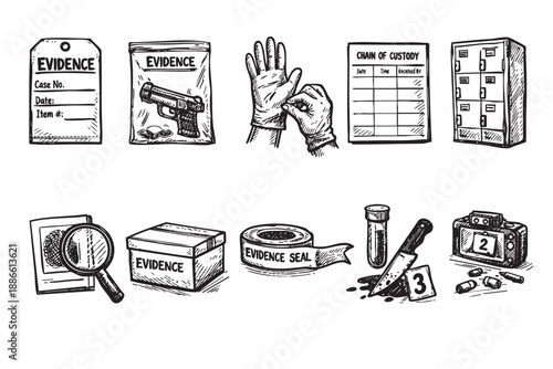 Collection of hand-drawn, black and white vector evidence icons, including a gun, fingerprint, knife, evidence bag, and chain of custody document, suitable for crime investigation themes.