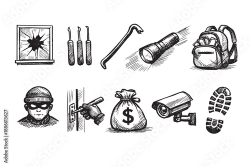 Black and white sketched illustration of burglar tools, a thief, broken window, security camera, and money bag, suitable for illustrating crime or security concepts.