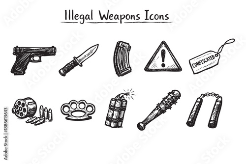 Hand-drawn illustration showcases dangerous and illegal weapons, rendered in a sketched style against a clean white backdrop, for use in law enforcement and design projects.