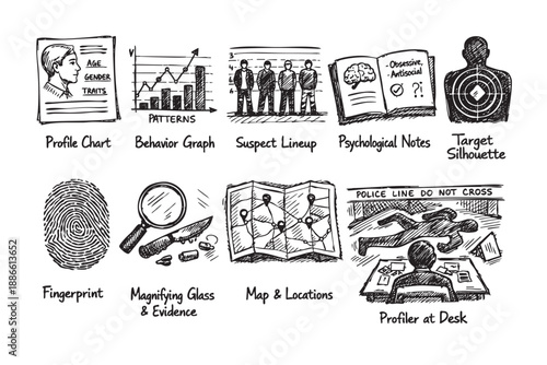 A collection of hand-drawn black and white crime scene investigation elements, including fingerprint, map, body silhouette, evidence, target, suspect lineup, and psychological notes.