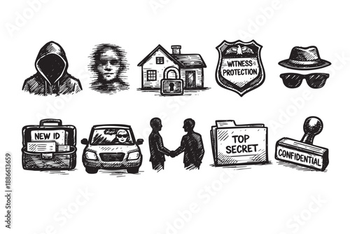 Hand drawn elements depict espionage, including a hooded figure, house with lock, and witness protection badge, conveying intrigue, danger, and secrecy.