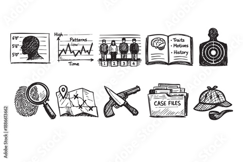 Hand-drawn illustration featuring a collection of detective-related elements like fingerprint, map, weapons, lineup, and case files, evoking a mysterious and investigative atmosphere.