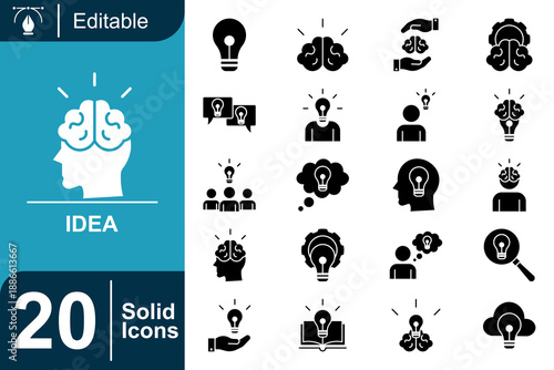 Set of 20 solid idea icons representing brainstorm, innovation, solution, and creative thinking concepts with lightbulbs