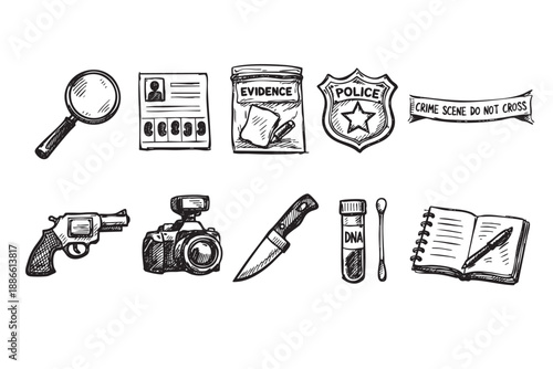 A hand-drawn sketch illustration of crime scene investigation tools, including a magnifying glass, police badge, evidence bag, gun, camera and DNA sample.