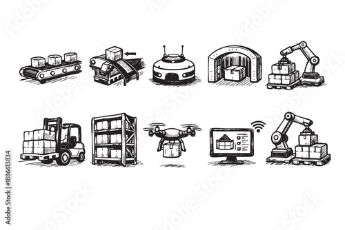 This black and white illustration showcases sketched automation solutions for modern logistics, including robotic arms, conveyor belts, and drone delivery, offering insights into efficient delivery.