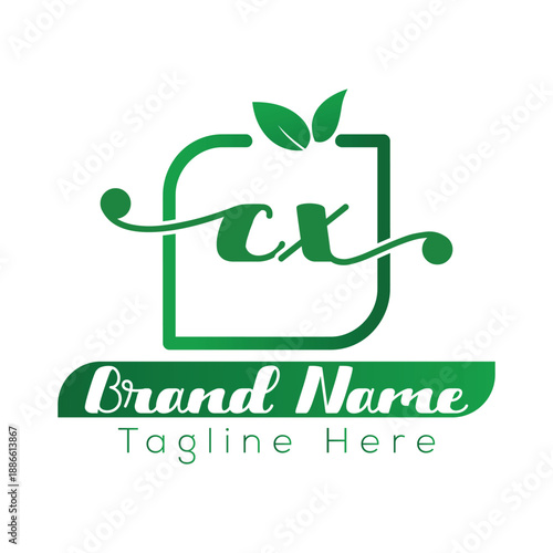 Green abstract logo with cx initials and leaves for brand name and tagline vector