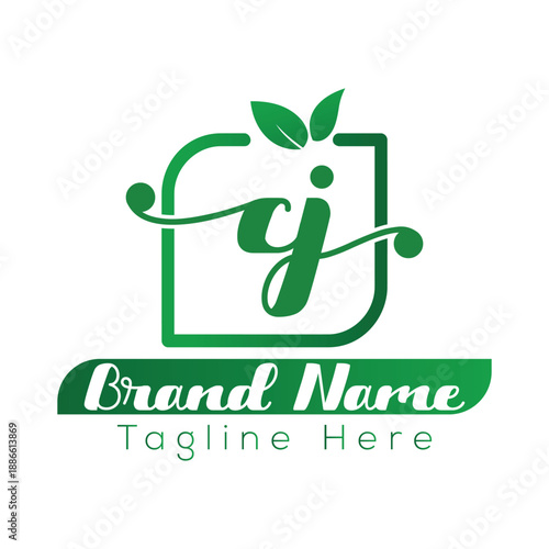 Green C J monogram logo with leaves and placeholder text for brand name and tagline CJ logo letter C