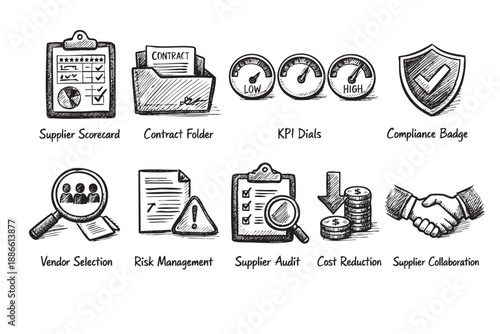 Hand-drawn illustrations showcase supplier scorecard, contract folder, KPI dials, vendor selection, and cost reduction concepts on a white background.