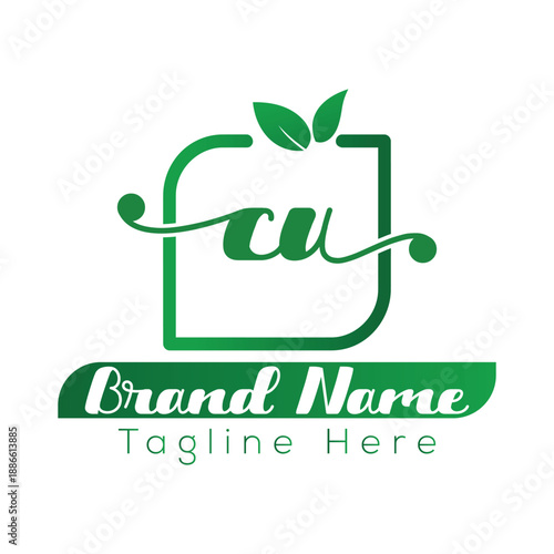 Green C U logo with leaves and brand name tagline placeholder CU logo design