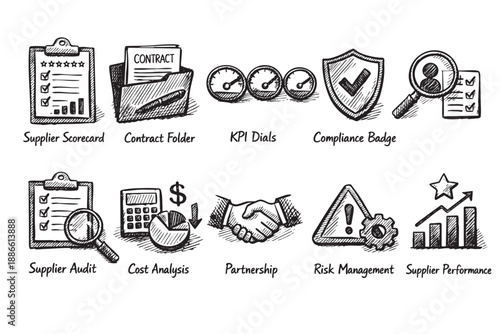Hand-drawn style icons represent key aspects of supplier management, including scorecards, audits, risk, and compliance, on a clean, white background.