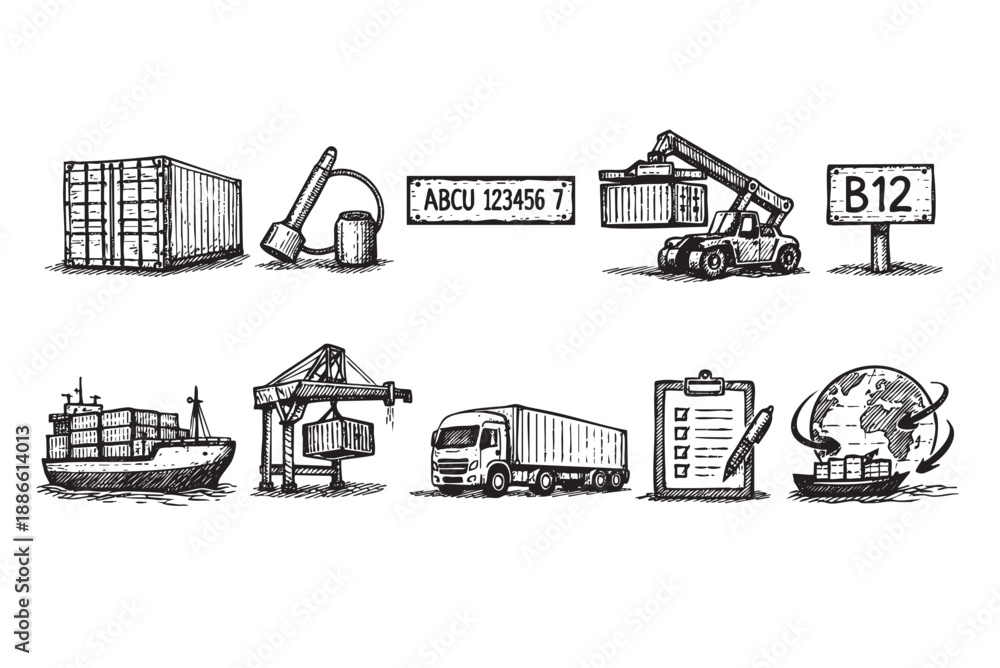 Naklejka premium A black and white sketch of cargo shipping, featuring container trucks, shipping containers, a cargo ship, and worldwide delivery, ideal for illustrating logistics and global trade.