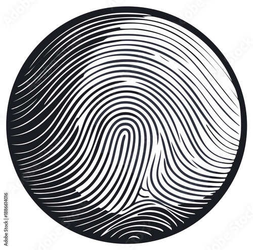 Intricate black and white fingerprint graphic with swirling ridges and unique pattern within a circular shape