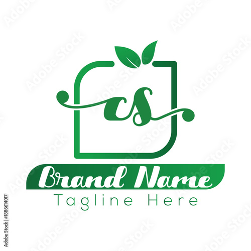 Green cs monogram with leaves and brand name tagline placeholder cs logo design