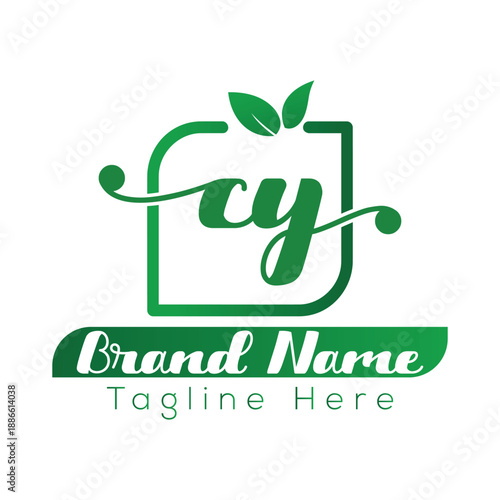 Green gradient logo with cy initials and leaves for brand name and tagline vector