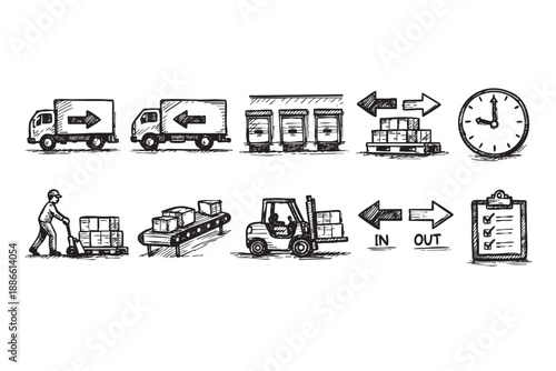 Black and white sketch illustration depicting a logistics process, including a truck, warehouse, conveyor belt, forklift, and checklist, conveying an efficient supply chain.