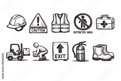 Black and white sketch illustration depicting industrial safety elements, including hazard warning, safety gear, and emergency equipment on a clean white background.