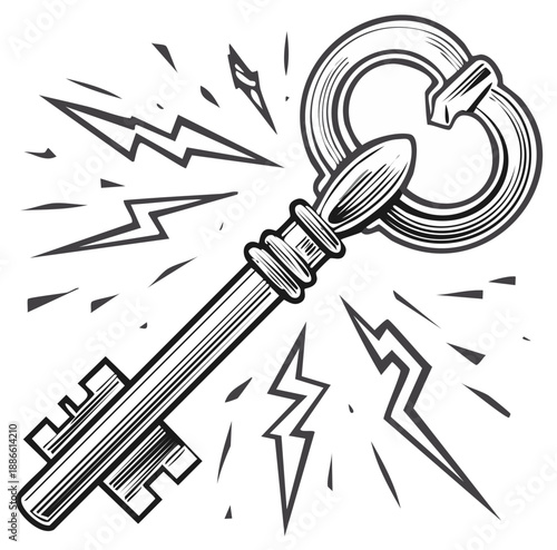 Antique Key with Energy Sparks, Detailed Vintage Style Line Art
