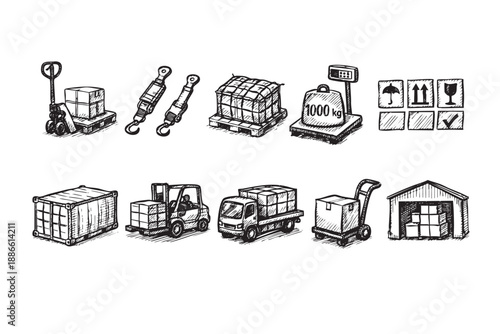 Hand-drawn style sketch illustration featuring logistics and delivery elements, including forklifts, packages, trucks, and warehouse, rendered in black and white.