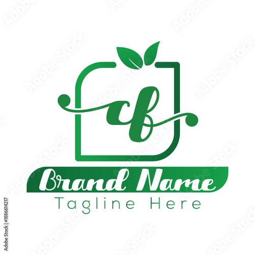 Green leaf logo with letters C F and brand name tagline text leaves vector