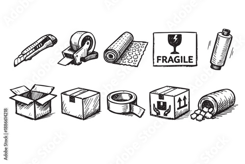 Black and white sketch of packing supplies including boxes, tape, cutter, and fragile sign, ideal for moving-related designs.
