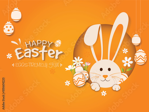 Cartoon Bunny Easter Fun featuring a cartoon rabbit peeking through a hole, surrounded by flowers and hanging decorated eggs