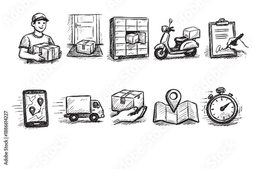 Black and white illustration depicts a delivery process, including courier, truck, scooter, map, tracking and signature; ideal for delivery, logistics, and e-commerce visuals.
