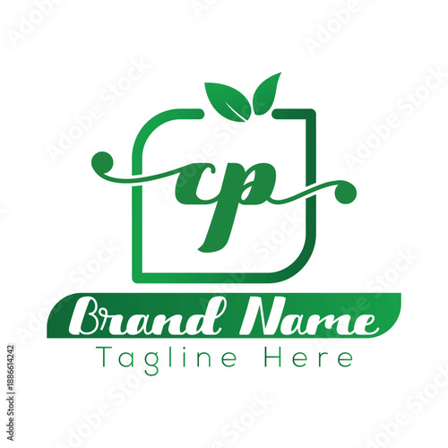 Green leaf logo with cp initials and brand name tagline placeholder vector