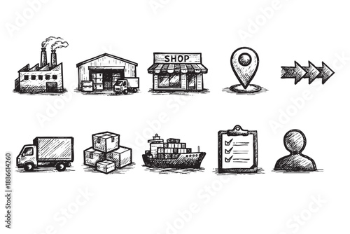 Hand-drawn supply chain icons depicting factory, warehouse, shop, and delivery elements in a vintage style for business or informational design.