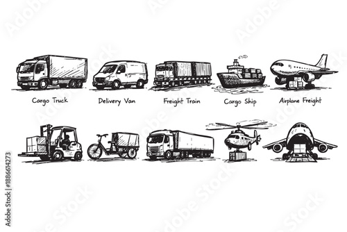 Artistic hand-drawn sketches showcases various transport modes including trucks, vans, trains, ships, airplanes, forklifts, and bicycles, creating a dynamic representation of logistics and delivery.