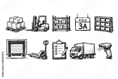 Black and white sketch illustration of warehouse equipment, including a forklift, boxes, and shipping truck, conveying industry and logistics concepts.
