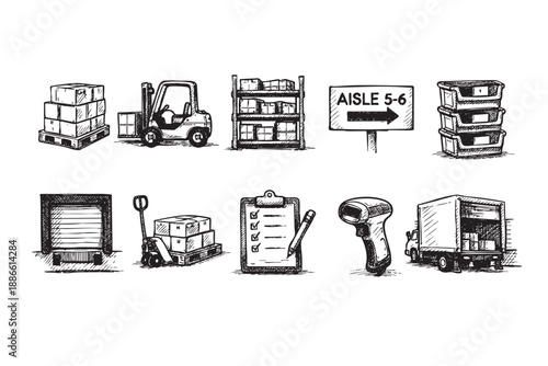 Hand drawn illustration of warehouse icons, including a forklift, pallet jack, shelving, and truck. Perfect for illustrating logistics, shipping, and warehouse management.