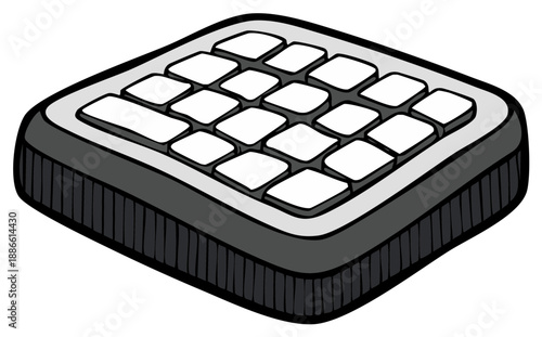 Isometric view of a stylized musical instrument pad with white square buttons