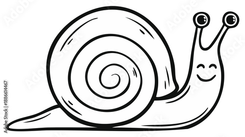 Cartoon snail illustration, outline graphic design, spiral shell, happy face concept