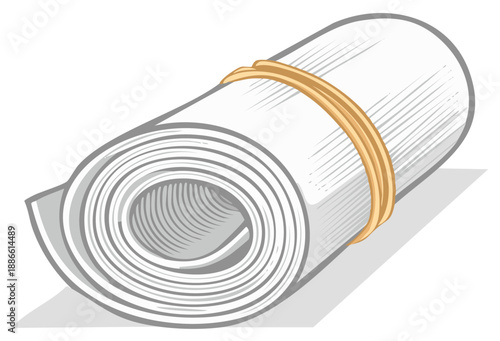Rolled up paper secured with a rubber band ready for use