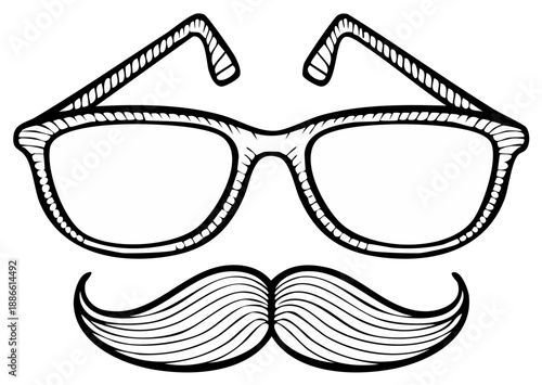 Eyeglasses and Mustache: Outlined Face Accessory for Costume or Party Decoration, Hand-Drawn Style
