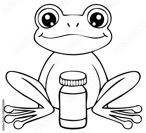 Cartoon Frog with Pill Bottle in Line Art Style