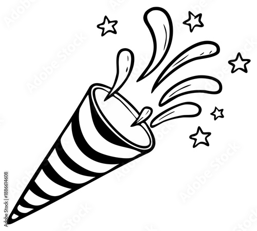 Hand drawn confetti popper exploding with stars and streamers celebration event