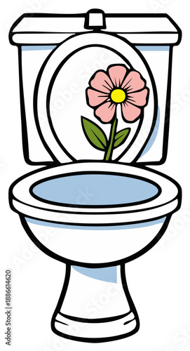 Cartoon Toilet with Pink Flower Growing Inside the Tank