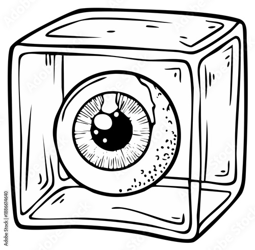 Anatomical human eyeball suspended within a transparent cube illustration