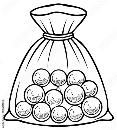 Outline illustration of a see through bag full of shiny spheres line art