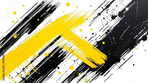 Abstract background with dynamic yellow and black brush strokes and paint splatters on a white canvas.