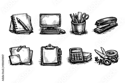 Hand-drawn icons of office supplies and stationery items on a black background