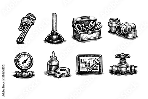 Collection of hand-drawn plumbing tools and equipment icons on a black background