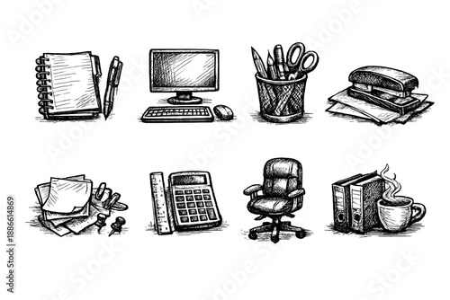 Hand-drawn office supplies and equipment collection in sketch style