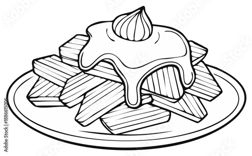 Hand drawn line art illustration of poutine dish with gravy and cheese curds on a plate