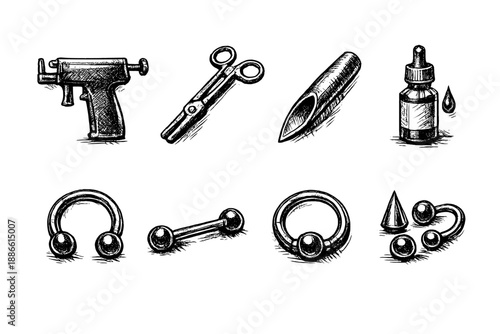 Collection of piercing tools and jewelry, hand-drawn sketch style