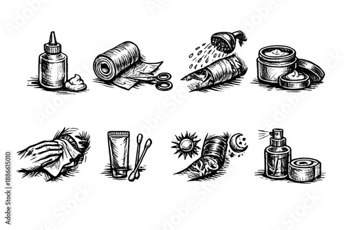 Collection of medical and cosmetic supplies in a hand-drawn sketch style