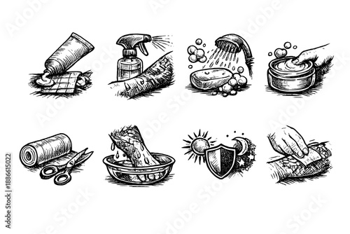 Tattoo Aftercare Icons: Cleaning, Protection, and Healing Process Steps