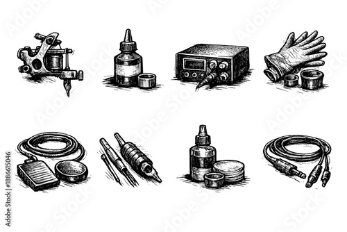 Collection of tattoo artist tools and supplies, hand-drawn sketch on black background