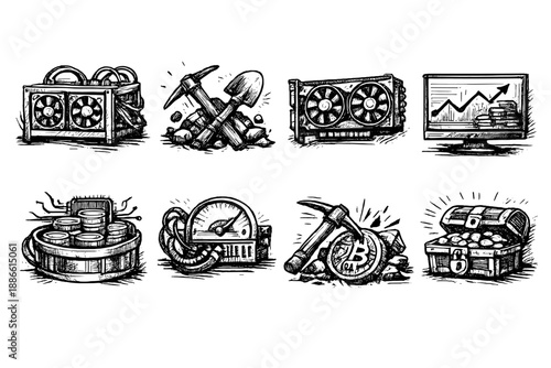 Cryptocurrency mining icons: GPU, coins, treasure chest, and mining rig